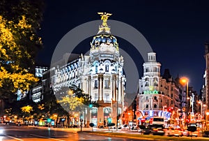 Gran Via central street of Madrid at night, Spain