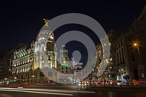 Gran Via central street of Madrid at night