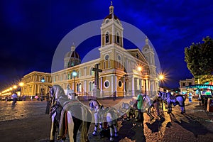 Granada Cathedral at night, Nicaragua, Central America