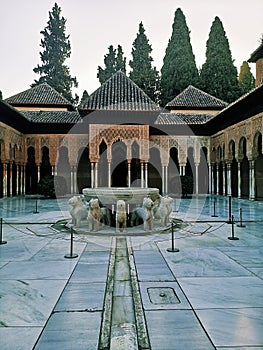 GRANADA, SPAIN - FEBRUARY 28, 2020: Courtyard of the Lions& x28;Patio de los Leones& x29;in day time. Alhambra