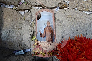 Image of the saint with prayers in the cracks in the cave sanctuary of Hermano Pedro de Betancur, Tenerife, Canary Islands, Spain photo