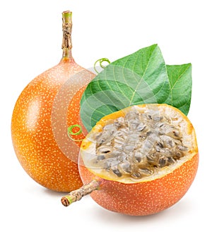 Granadilla and half of granadilla fruit with pulp and black seeds isolated on white background
