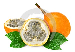 Granadilla or yellow passion fruit with green leaves isolated on white background. exotic fruit. clipping path