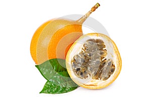 Granadilla or yellow passion fruit with green leaves isolated on white background. exotic fruit. full depth of field