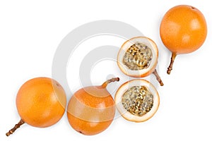 Granadilla or yellow passion fruit isolated on white background with copy space for your text. Top view. Flat lay