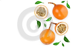 Granadilla or yellow passion fruit with leaf isolated on white background with copy space for your text. Top view. Flat