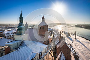 Granaries of Grudziadz city by the Vistula river at snowy winter. Poland