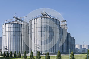 Granary. A large modern  agro-processing plant for the storage and processing of grain crops. Large metal barrels of grain.