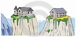 Cartoon, Hand drawing Style Pack of Two Building, Ancient Stone Academy on a Cliff in Weathered Gray Isolated White Background, photo