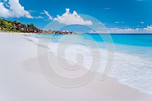 Grand Anse long sandy beach at La Digue island, Seychelles. Holiday vacation travel destination