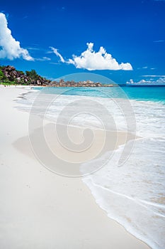 Grand Anse sandy beach at La Digue island, Seychelles. Holiday vacation travel destination concept