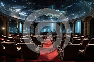A grand auditorium with neatly arranged rows of seats facing a large projector screen, Konferenz Saal, AI Generated