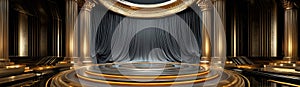 Grand award screen with gold drape and dramatic lights, panoramic display, cinematic presentation mo