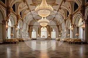 A grand ballroom filled with chandeliers and tables, perfect for hosting elegant events and gatherings, A grand ballroom with