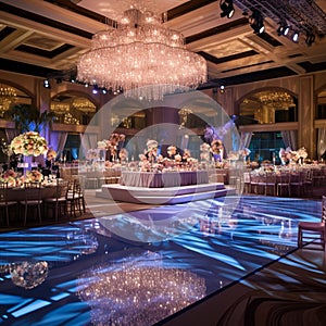 Grand Ballroom with Shimmering Chandeliers and Beautifully Decorated Tables
