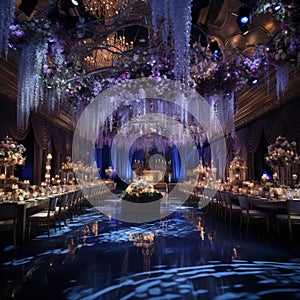 Grand Ballroom with Shimmering Chandeliers and Beautifully Decorated Tables