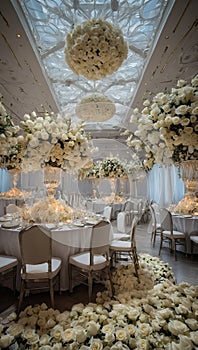 a grand banquet hall, adorned with a sea of white roses