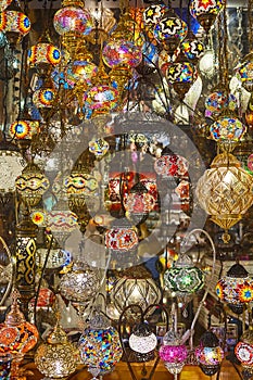 Grand bazaar interior in Istanbul city center. Lamps shop. Turkey