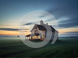 A grand building on a hill against a backdrop of a colorful sunset sky