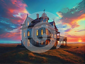 A grand building on a hill against a backdrop of a colorful sunset sky