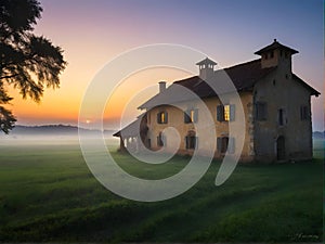 A grand building on a hill against a backdrop of a colorful sunset sky