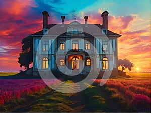A grand building on a hill against a backdrop of a colorful sunset sky