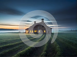 A grand building on a hill against a backdrop of a colorful sunset sky