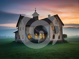 A grand building on a hill against a backdrop of a colorful sunset sky