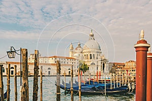 Grand Canal and Basilica Santa Maria della Salute with gondolas, Venice, Veneto, Italy. vintage toning