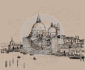 Grand canal and Basilica Santa Maria della Salute, Venice, Italy. Ink. Digital Sketch Hand Drawing