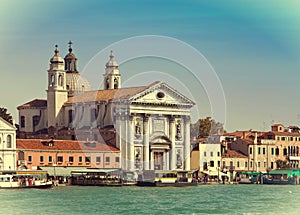 Grand Canal with boats and Basilica Santa Maria della Salute, Venice, Italy ,