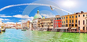 Grand Canal panorama near the Scalzi Bridge and San Simeone Piccolo church, Venice, Italy