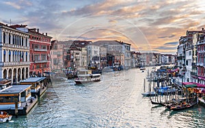 The Grand Canal from the Rialto Bridge in the evening in Venice in Veneto, Italy