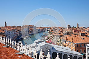 Grand canal and Rialto bridge, roof top view in Venice, Italy