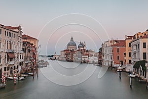 Grand Canal and Santa Maria della Salute church at dusk in Venice, Italy