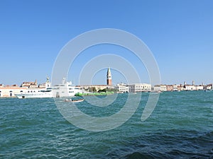 Grand Canal with St Marks Campanile bell tower and Palazzo Ducale, Doge Palace, in Venice, Italy