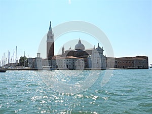 Grand Canal with St Marks Campanile bell tower and Palazzo Ducale, Doge Palace, in Venice, Italy