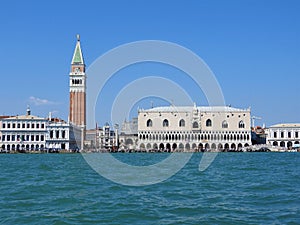 Grand Canal with St Marks Campanile bell tower and Palazzo Ducale, Doge Palace, in Venice, Italy