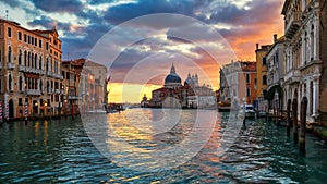 Grand Canal at sunrise in Venice, Italy. Sunrise view of Venice