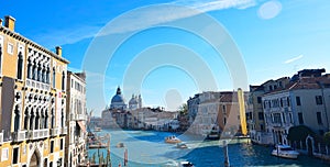 The Grand Canal in Venice with the cathedral of Santa Maria Della Salute in the background