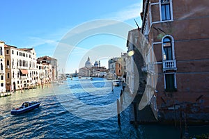 The Grand Canal in Venice with the cathedral of Santa Maria Della Salute in the background