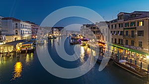 Grand Canal in Venice, Italy day to night timelapse. Gondolas and city lights from Rialto Bridge.
