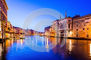 Grand canal view in Venice, Italy at blue hour before sunrise