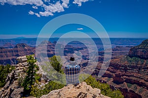 Grand Canyon,Arizona USA, JUNE, 14, 2018: View of unidentified man wearing a plaid shirt and hat, using his cellphone in