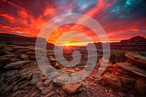 grand canyon with fiery sunset, featuring colorful and dramatic sky