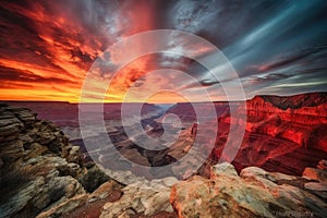 grand canyon with fiery sunset, featuring colorful and dramatic sky