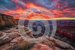 grand canyon with fiery sunset, featuring colorful and dramatic sky