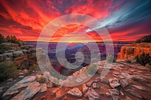 grand canyon with fiery sunset, featuring colorful and dramatic sky