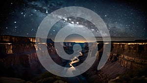 Grand Canyon at night, panorama of rocky mountains under starry sky, generative AI