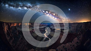 Grand Canyon at night, panorama of rocky mountains under starry sky, generative AI